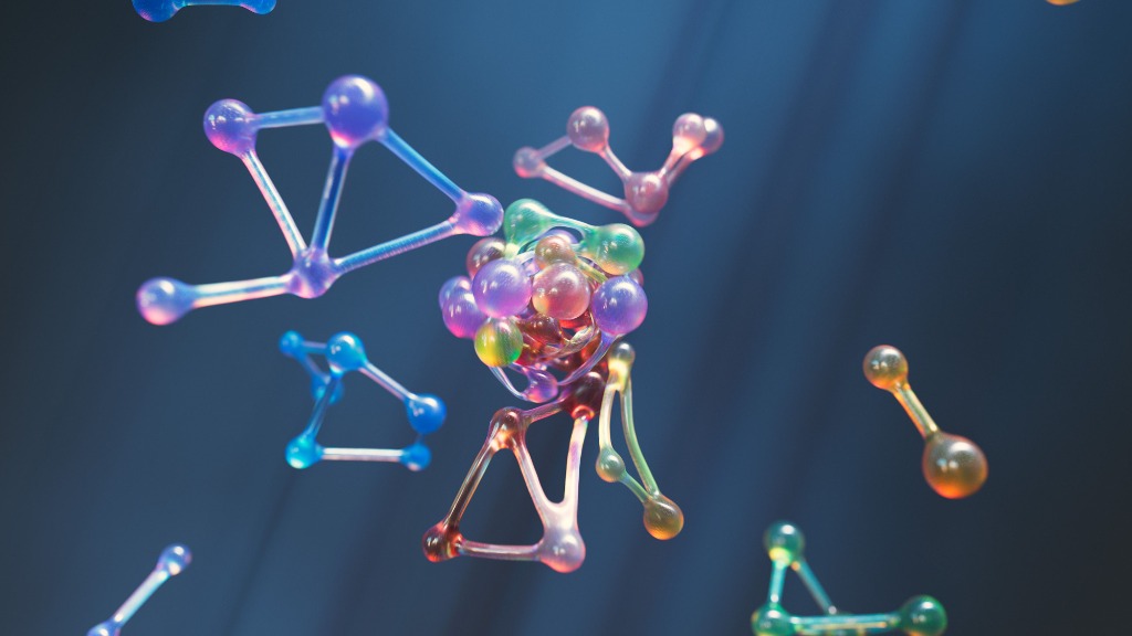 A 3D render representing hormone molecules and chemical structures in a dark blue environment