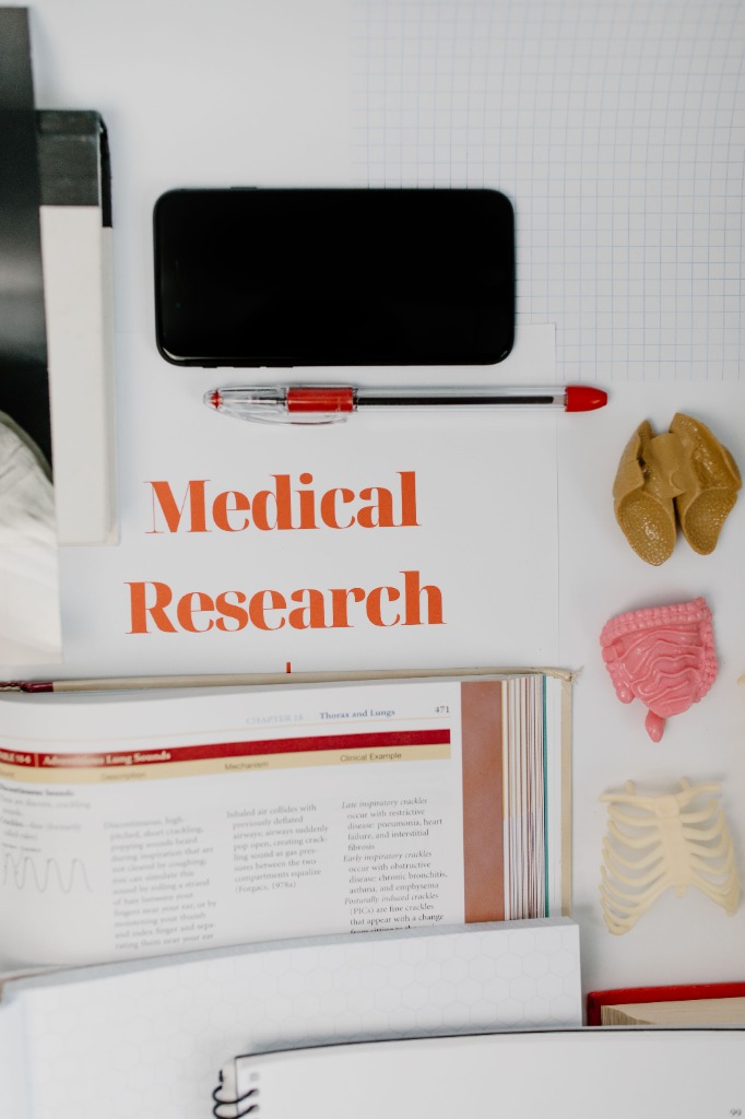 A desk setup with medical research books, a pen, a phone, and anatomical plastic models of lungs, organs, and ribs